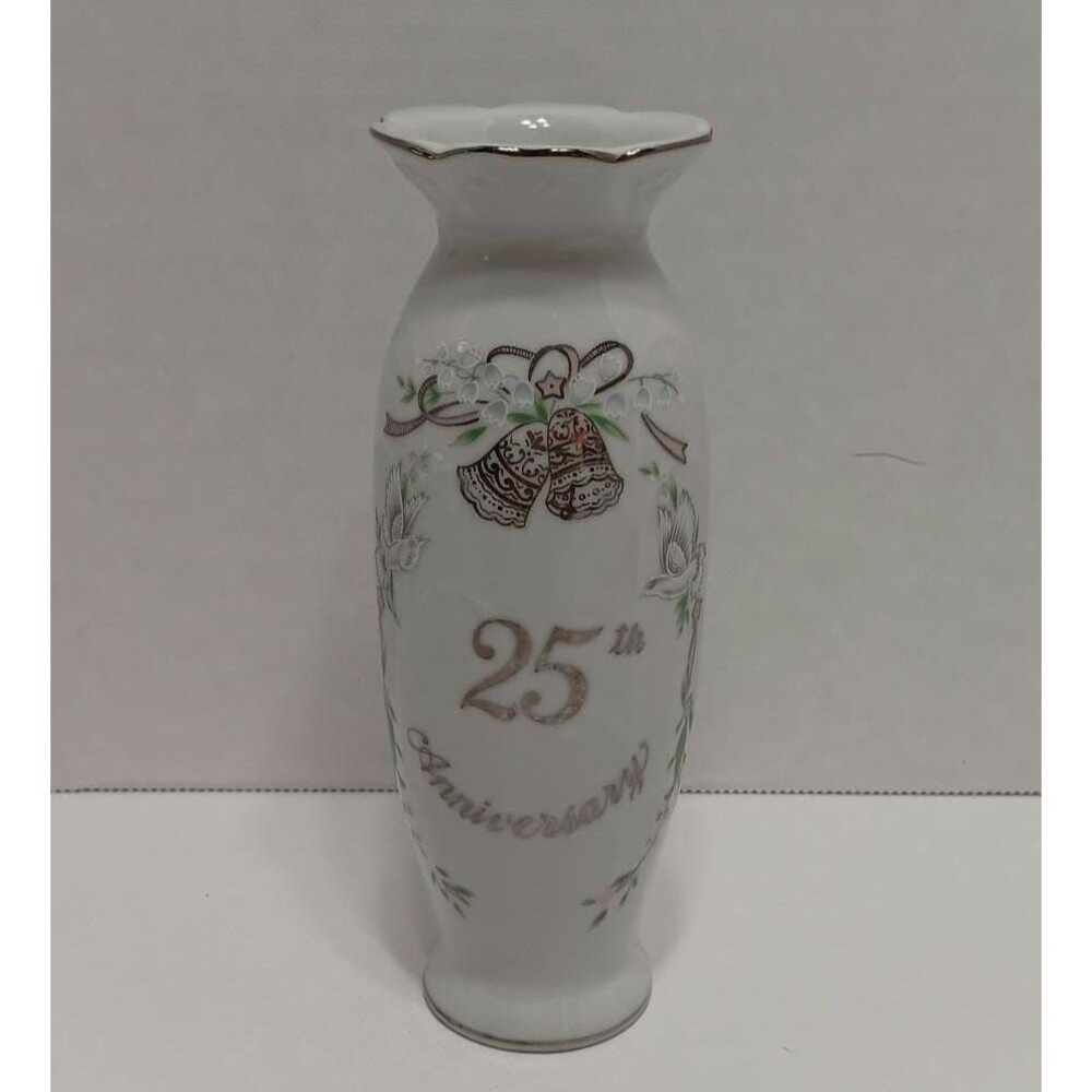 Vintage 1984 Lefton 25th Anniversary Vase Japan – Silver Trim Porcelain
